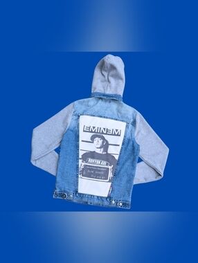 Handmade, Upcycled Eminem Denim Jacket with Hoodie Size S